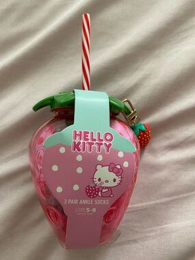Hello Kitty Strawberry Trinket Cup-  3 Pair Ankle Socks And A Bonus Charm